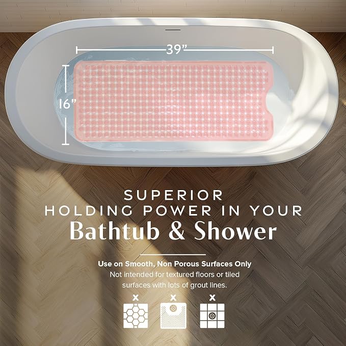 SlipX Solutions 39"x16" Power Grip Non Slip Bathtub Shower Mat, Coral | Stronger Wet Surface Protection, Soft Under Foot, 265+ Suction Cups, Large Drainage Holes