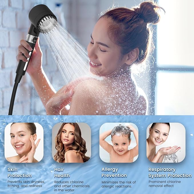 Filtered Shower Head with Handheld,High Pressure Shower Heads with Filters | ON/OFF Switch,4 Spray,Built-in Power Wash,Detachable Showerhead,Silicone Massage Brush,Balck,Water Softener