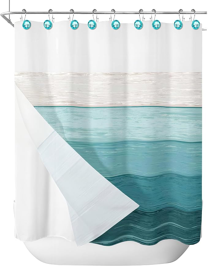 Sunlit Luxury Design Round Teal Blue Diamond Crystal Gem Bling with Glide Balls Double Shower Curtain Hooks for Mermaid Shower Curtains, Rust Proof Metal Rhinestones Glam Shower Curtain Rings-12 Pack