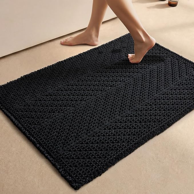 Sunfly Black Bathroom Rug, Waffle Bath Mat Non-Slip Washable Super Absorbent Quick Dry, Boho Farmhouse Bathroom Decor 24"x48" Black