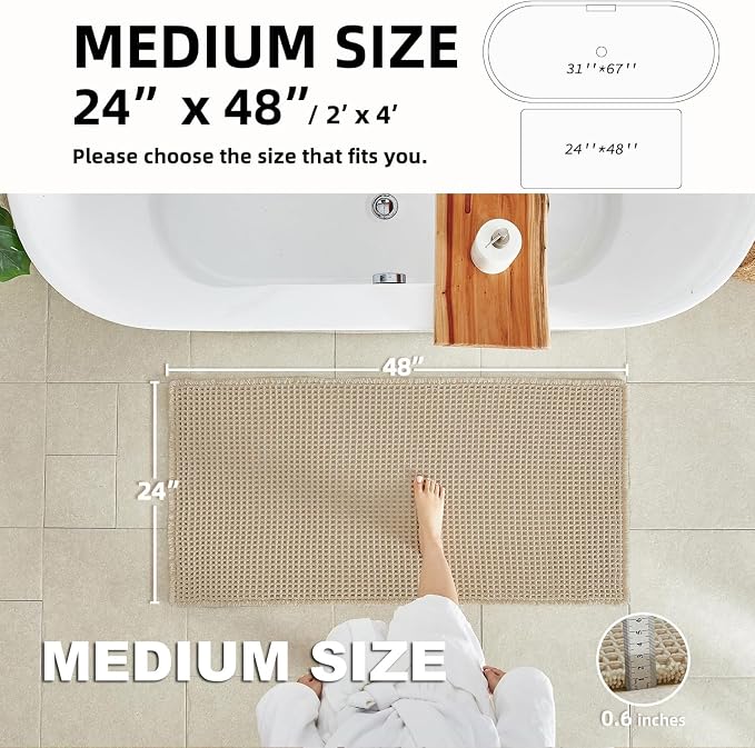 TYUU Pale Beige Bathroom Rug, Waffle Bath Mat Non Slip Washable Super Absorbent Quick Dry Boho Farmhouse Bathroom Decor, 48''x24'' / 4'x2' Pale Beige