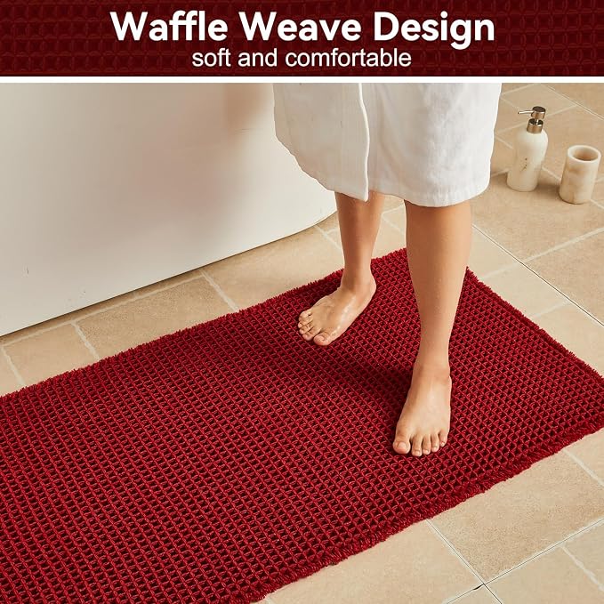 Triohero Waffle Bath Mat, Boho Bathroom Rugs Non Slip Washable, Ultra Soft Super Absorbent Quick Dry Farmhouse Bathroom Decor, 24" x 36", Burgundy