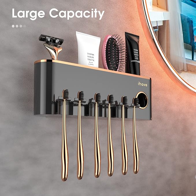 iHave Toothbrush Holders for Bathrooms Wall Mounted with Dispenser & 3 Cups | 9 Slots Wall Mount Toothbrush Holders for Bathrooms with Squeeze Toothpaste Dispenser, 3 Cups & 3 Compartments Organizer
