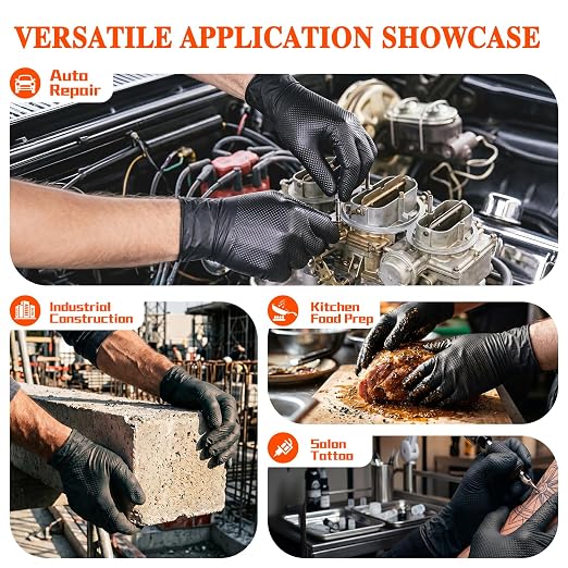 10 Mil Heavy Duty Mechanic Nitrile Gloves, XLarge Black 200 Count | Diamond Grip,Latex Free,Chemical Resistant Disposable Thick Rubber Gloves for Auto Repair, Industrial, Food, Work ,BBQ,Men