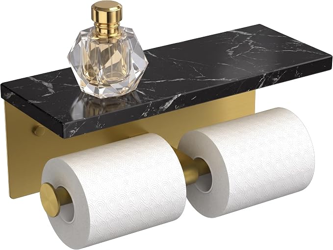FORIOUS Toilet Paper Holder with Shelf, Commercial Toilet Paper Dispensers | Brushed Gold | Wall Mount Bathroom Tissue Holder | SUS304 Stainless Steel Rustproof | Double Tissue Roll Holder