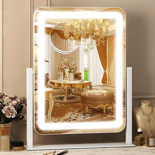 FENNIO Rounded Corner Lighted Vanity Mirror, 13" x 17" Makeup Mirror with Lights, 10X Magnifying Mirror, 3 Color Dimmable LED, Touch Control, Aluminum Stand, White