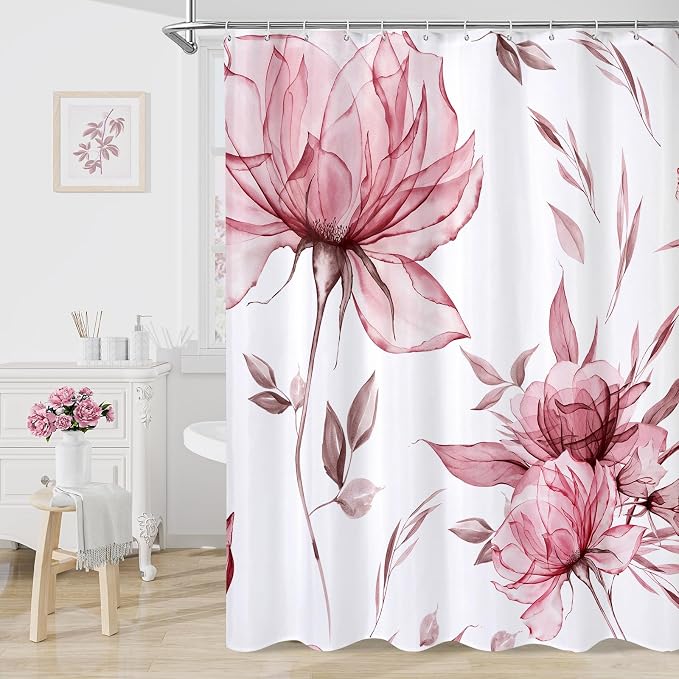 Litabel Burgundy Boho Watercolor Floral Shower Curtain, Ink Painting Style Blossom & Leaf Shower Curtains for Chic Elegant Bathroom, Artistic Fabric Cloth Modern Flower Shower Curtain, 72x72