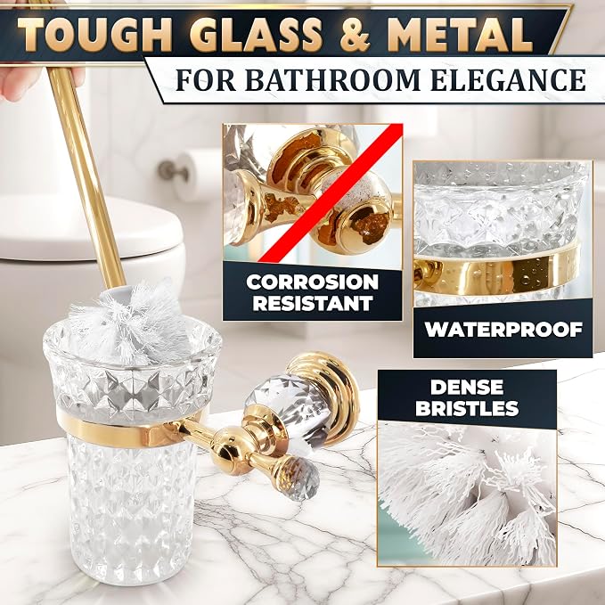 Wall-Mounted Toilet Brush and Holder Set, Clear Bowl (Gold Crystal) | Toilet Bowl Brush and Holder Set, Polished Gold Handle, Space-Saving Wall Mount, Stainless Steel Body, for Elegant Bathrooms