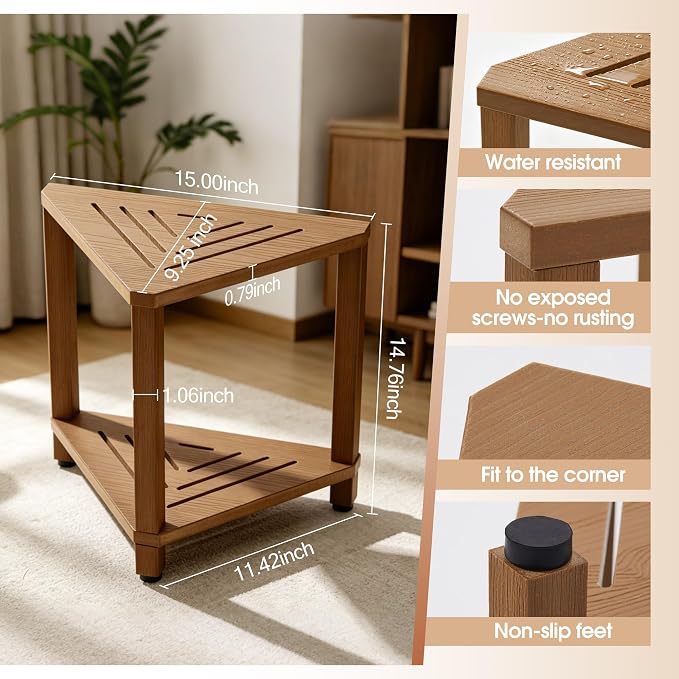 Corner Shower Stool with Storage Shelf, HDPS Waterproof Shower Foot Rest for Shaving Legs, 2-Tier Triangle Bathroom Stool for Inside Shower, Non-Slip Small Shower Bench, Teak Color