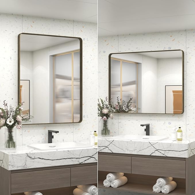 48x40 Inch Bronze Bathroom Mirror for Vanity | Brushed Bronze Metal Frame Mirrors for Wall, Rounded Rectangle, Shatterproof, Anti-Rust (Horizontal/Vertical)