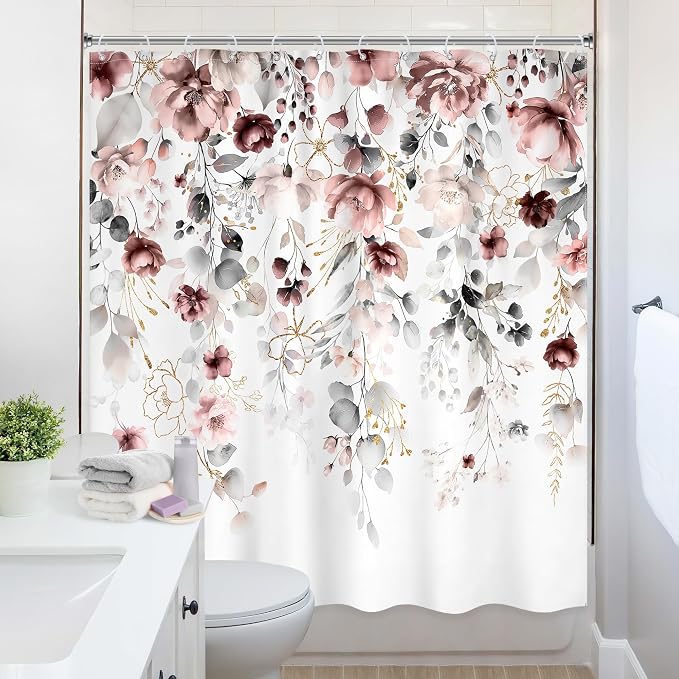Extra Long Floral Grey Pink Leaves Bathroom Shower Curtain Set | 72"W x 78"L Flower Blossom style, clear shower print, fast-dry fabric and hooks for a simple bath update.