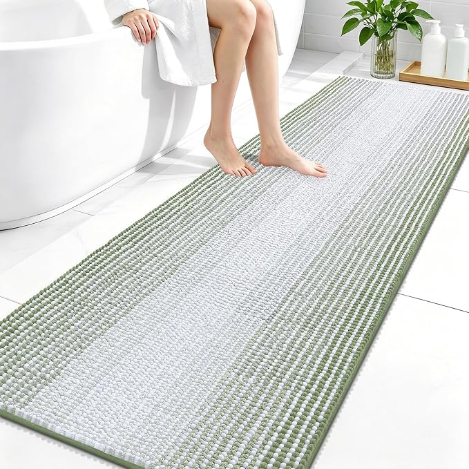 OLANLY Bathroom Runner Rugs 70x24, Chenille Striped Bath Rugs, Sage Green | Extra Soft Absorbent, Rubber Backing, Machine Wash Dry, Bath Mats for Bathroom Floor, Tub and Shower, Home Decor Accessories