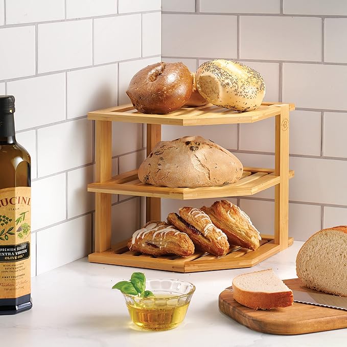 Bambüsi Kitchen Cabinet Organizer, Corner Plate Organizer for Cabinet | 3-Tier Bamboo Corner Shelf Rack, Holds Plates Bowls Mugs Cups, Space Saving Dish Storage Organization, Easy Assembly