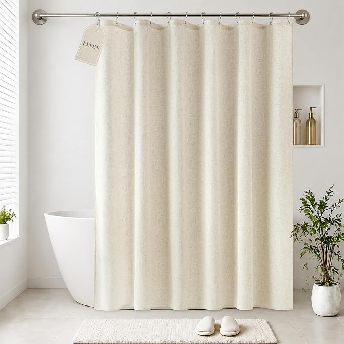 Jowels Natural Linen Fabric Shower Curtains for Bathroom, 72x96 | Extra Long Size, Cream Linen Shower Curtains Set,Waterproof Washable Weighted Textile,Metal Hooks,Hotel Boho Farmhouse Decor