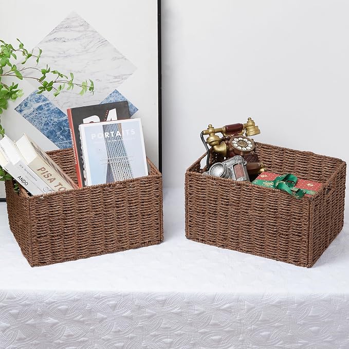 Wicker Storage Basket, Set of 2 Hand-Woven Paper Rope Wicker Basket, Small Storage Baskets for Organizing Toilet Paper Basket, Foldable Large Cube Storage Organizer Bins for Shelves (Brown)