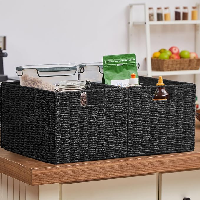 Wicker Storage Basket, Set of 2 Hand-Woven Paper Rope Wicker Basket, Small Storage Baskets for Organizing Toilet Paper Basket, Foldable Large Cube Storage Organizer Bins for Shelves (Black)