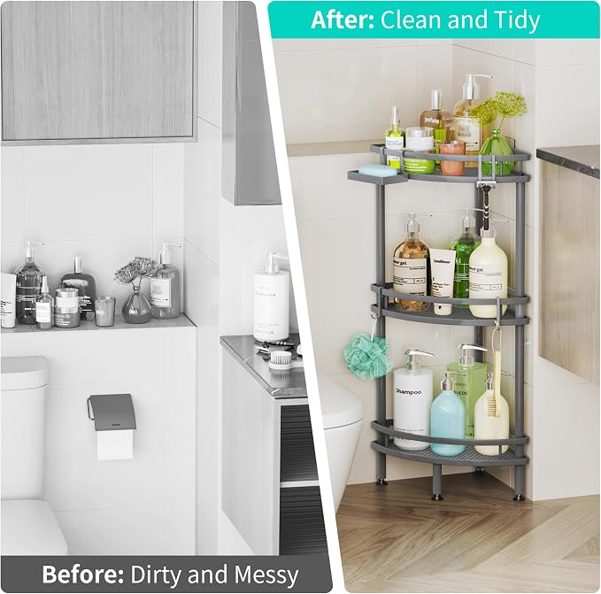 HapiRm Standing Corner Shower Caddy - 3 Tier Shower Organizer Corner with Soap Holder and 4 Hooks, Rustproof Bathroom Storage Shelves with Adhesives, Grey