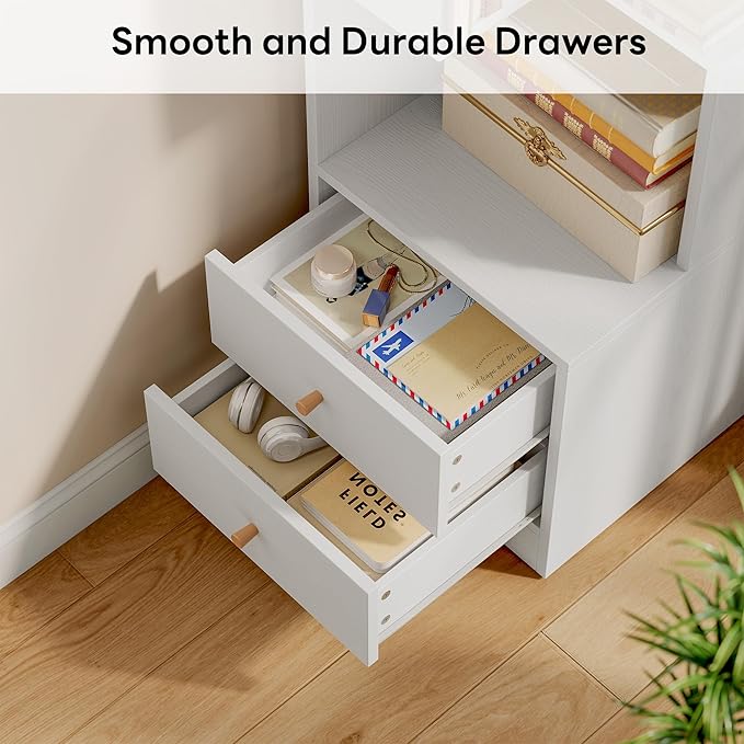 IRONCK Corner Bookshelf, 70.87" Tall Corner Bookcase with Drawers, White | 90° design saves space. 110 lb capacity. Corner Shelf Storage Display Rack for Living Room Home Office