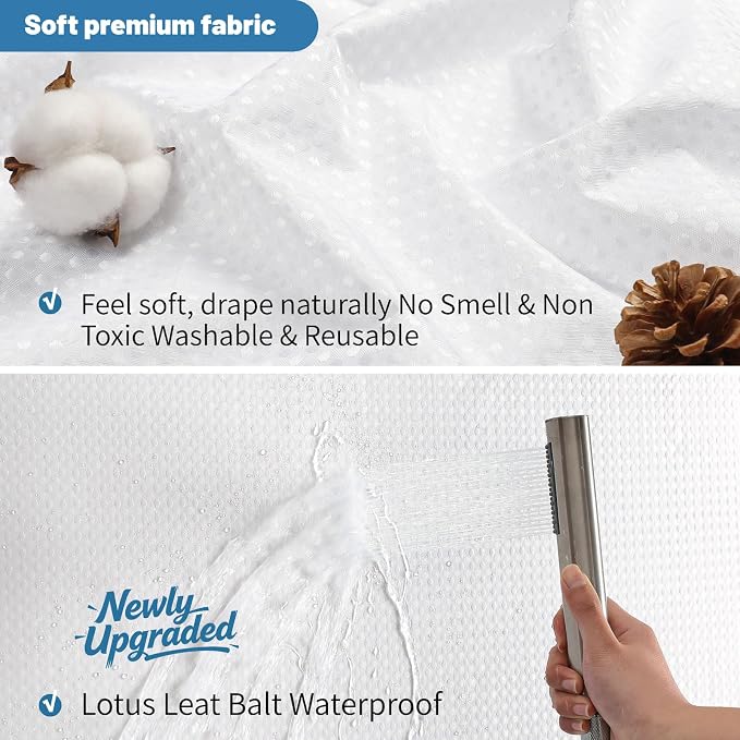 2-in-1 Waterproof Fabric Shower Curtain - No Separate Liner Needed, Hotel-Style Waffle Weave, Effortless Cleaning & Washable Bathroom Shower Curtain Set,60Wx84H,White