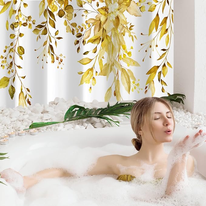 Yellow Eucalyptus Shower Curtain, Watercolor Floral Print, 72x84 | Watercolor Plant Leaves Floral Print, Waterproof Fabric Bathroom Decor, Machine Washable, Rustproof Grommets