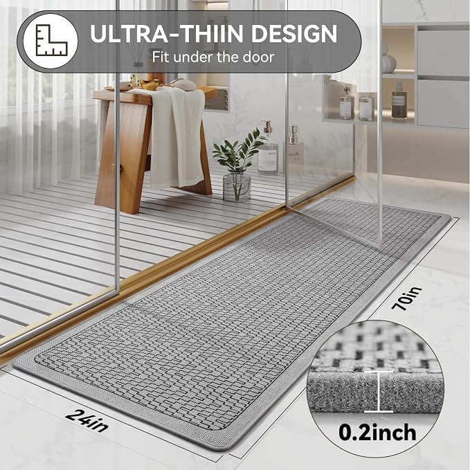Bathroom Runner Rug, Long Thin Bath Mat Fit Under Door, Grey 24x70 | Quick Dry Absorbent, Rubber Backing Washable Large Bathmat, Shower Mat for Bathroom Floor, Tub and Outside Shower, Home Decor