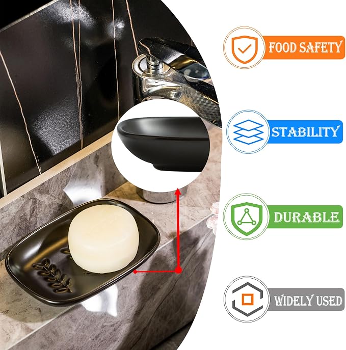 Miamolo Soap Dish for Bathroom, Bar Soap Holder for Shampoo Bars, Sponges | Raised Ridges Drain, Soap-Saving | Ceramic Soap Sver Dishwasher Safe, Fit 1-2 Large Bars | Bath Counter & Kitchen Sink, Black