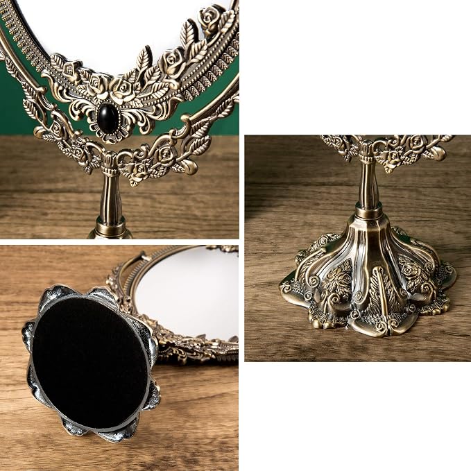 Feyarl Small Metal Vintage Makeup Mirror Floral Tabletop Oval Vanity Swivel Double Sided Mirror with Stand Elegant Decorative for Dressing Room Bedroom (Bronze)
