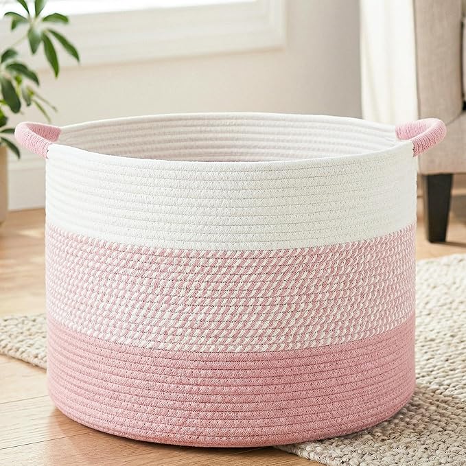 Artfeel 100L Large Cotton Rope Basket, Decorative Woven Blanket Storage for Living Room, Boho Toy Storage & Toy Box for Kids, Versatile Laundry Basket & Nursery Hamper for Blankets(Pink)