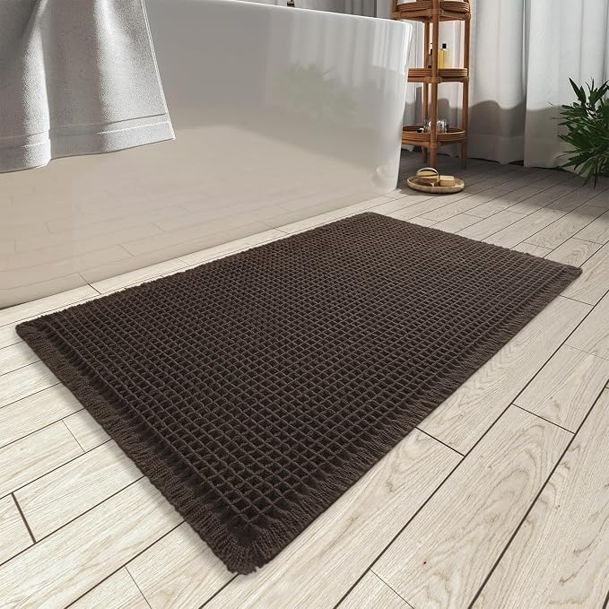 AMOAMI Upgraded Waffle Bath Mat, Super Absorbent Non Slip Bath Mats for Bathroom Floor, Washable Bathroom Rugs with Tassels, Rubber Backed Bathroom Mats, Ultra Soft, 17" x 24", Chocolate