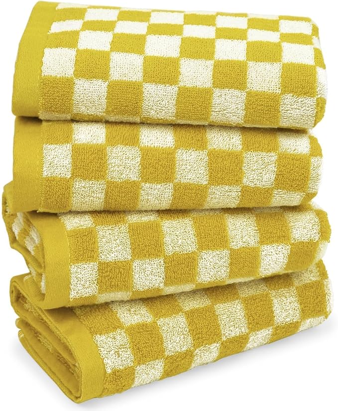 Jacquotha 4 Pcs Hand Towels for Bathroom Checkered, Yellow | Cotton Soft Absorbent Cute Checkered Bathroom Towel, Fall Decor, 13 x 29 Inches