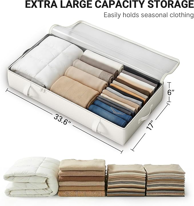 2-Pack Under Bed Storage Containers, 6 Inches Tall Clothes Storage, Beige | High Side Collapsible Underbed Organizer Bin with Sturdy Sidewalls/Bottom, Cotton Linen Bins, For Seasonal Clothes & Bedding