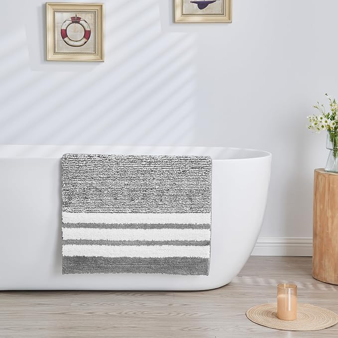 CozeCube Grey Striped 24"x16" Non Slip Washable Bath Mat | For Bathroom, Fluffy Absorbent Microfiber Bath Mats Machine Wash, Stylish Small Aesthetic Bathroom Rugs