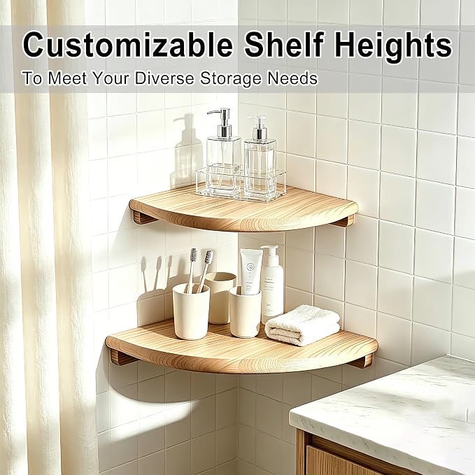 Floating Corner Shelves, 2 Pack Solid Wood Round End Wall Mount | 8.7"& 7.1" sizes with cable hole, holds small decor, plants & speakers; ideal for bedroom, kitchen, living room, bathroom