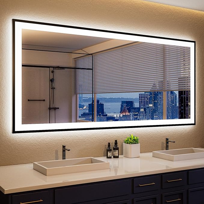 ISKM 60x30 Framed LED Bathroom Mirror, Dimmable Front & Backlit, Anti-Fog | 3 Color Temps(3000K/4000K/6000K), Stepless Dimming 10%-100%,Shatterproof Tempered Glass, IP65 Waterproof,Plug-In or Hardwired