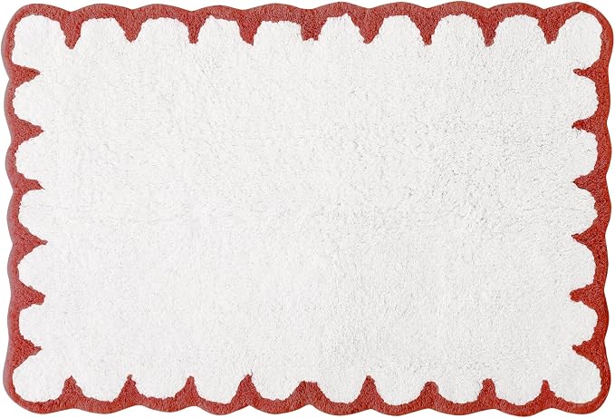 Peri Home Scalloped Bath Rug 20" x 30" White with Chili Red 1-Piece | Soft & Absorbent, Cotton Tufted, Mat, Scallop