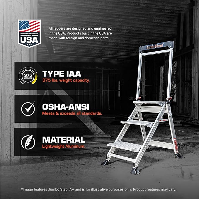 Little Giant Jumbo Step 4-Step Foldable 2.9 ft Aluminum Stool, 11904 | Foldable Aluminum Step Stool, Extra-Wide Stair-Like Treads, Rotating Handrail, Tool Tray, 375 lbs. Weight Capacity
