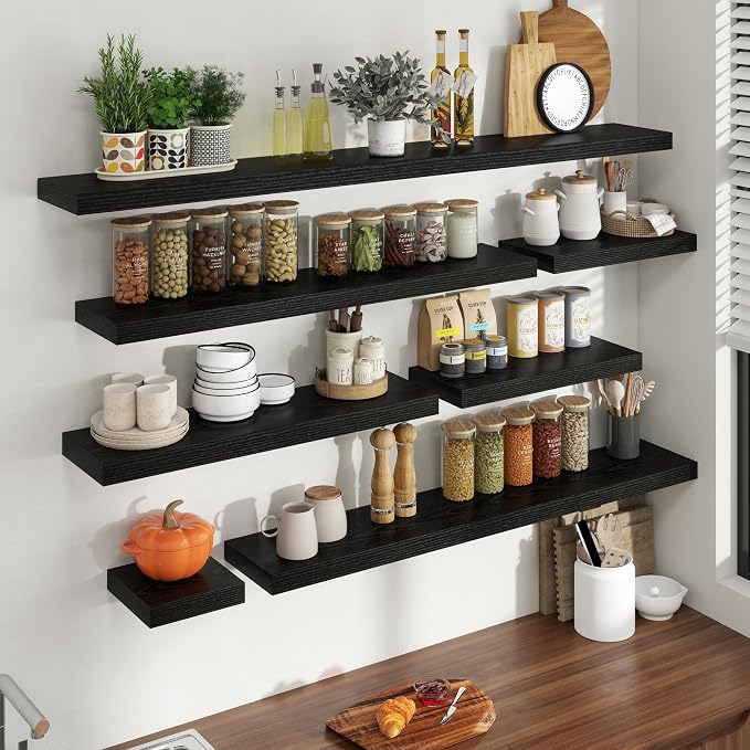 36 Inch Floating shelves for Wall, 8 Inch Deep, Invisible Brackets, Black | Rustic Wall Mounted Shelf, Storage & Display, Wooden Shelves for Living Room, Kitchen, Bathroom and Home Decor, Set of 2