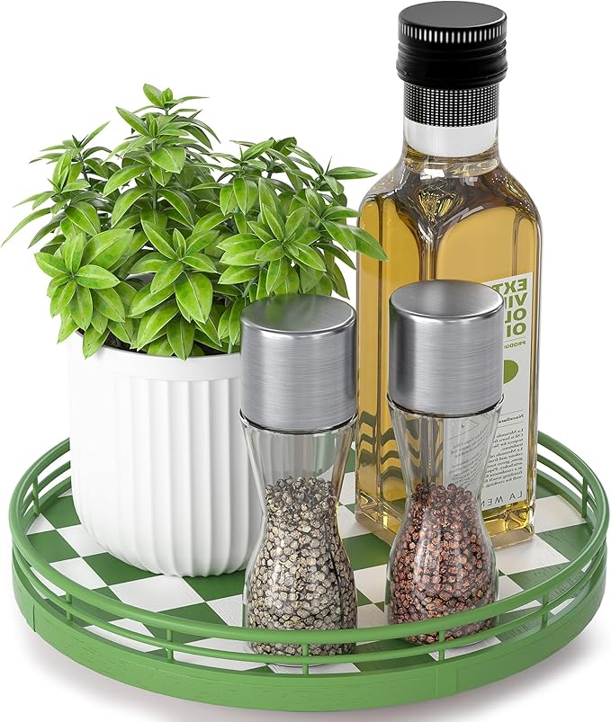 Green and White Checkerboard Lazy Susan with Rubberwood Base and Metal Rail | Smooth rotating oak tray with walnut finish for dining tables, kitchen counters, pantries and cabinet storage.