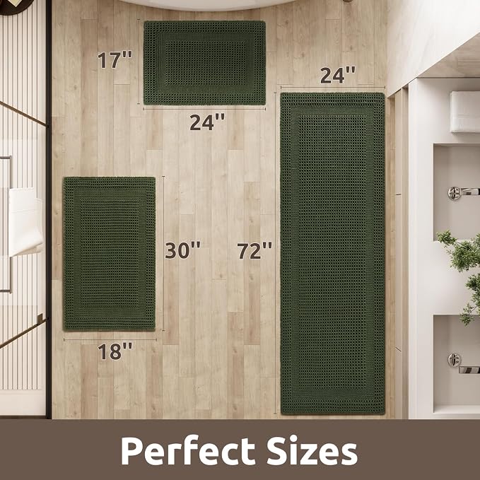 AMOAMI Waffle Bath-Mat, Absorbent Bath Mats for Bathroom Non Slip, Machine Washable Bathroom Rugs with Tassels Ultra Soft Boho Bath Rugs for Floor 17"x24" Dark Green