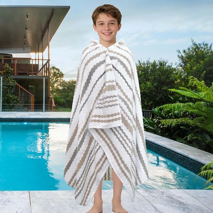VOOVA & MOVAS Kids Hooded Bath Towel,6-12 Years,100% Cotton | 66X34 Inch,Brown Gray Stripe,Thick,Soft, Absorbent, Quick-Drying, Beach/Pool/Swim Essentials