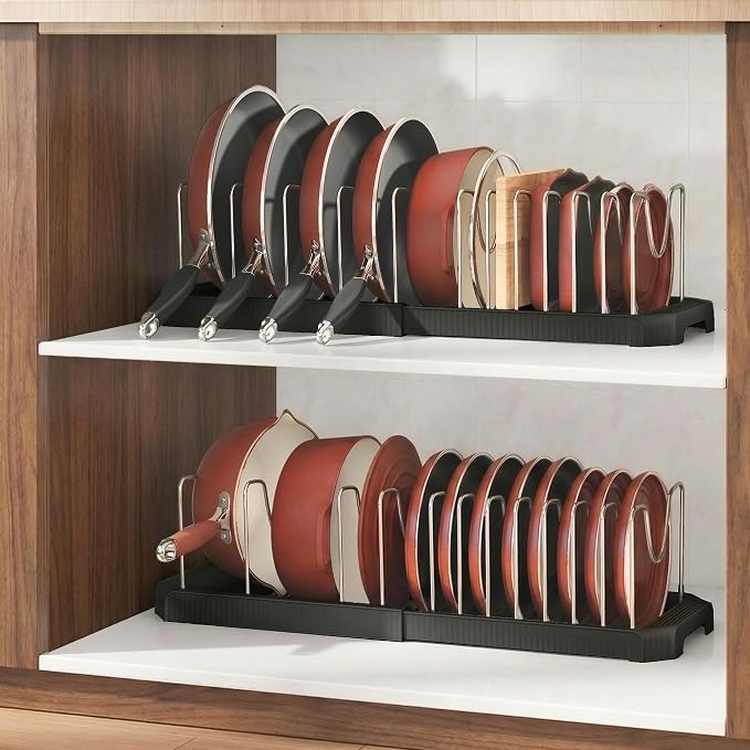 Expandable Pan Organizers Inside Cabinet with 12 Dividers Black | Extends 12.9-21.9", Holds cookie sheets, cutting boards, pot lids and pans, iron dividers, plastic base, under cabinet rack