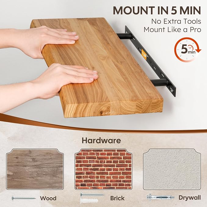48 Inch Floating Wall Shelves Solid Elm Wood | Long Live Edge Rustic Shelving, Natural Wood Finish, Hidden Brackets, Wall Decor For Kitchen And Living Room