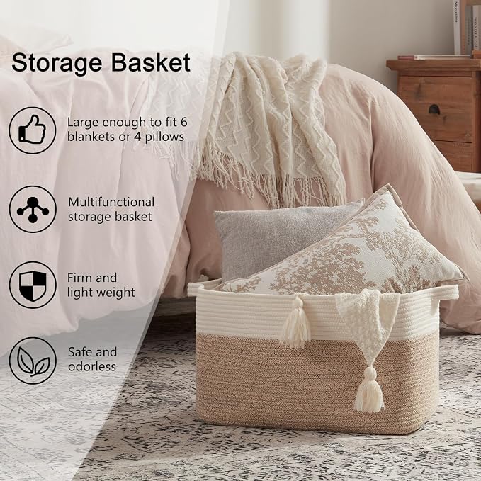 OIAHOMY Large Blanket Basket, 65L Cotton Rope Woven Laundry Basket, Toy Bin for Baby Room, Container for Blanket Storage in Living Room, 20''×16''×12'', Brown & White