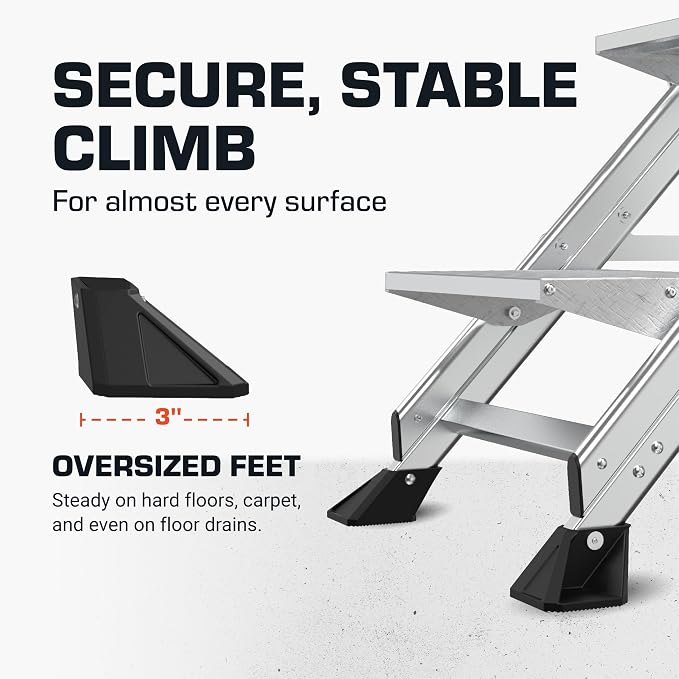 Little Giant Jumbo Step 3-Step Foldable 2.2 ft Aluminum Stool, 11903 | Foldable Aluminum Step Stool, Extra-Wide Stair-Like Treads, Rotating Handrail, Tool Tray, 375 lbs. Weight Capacity