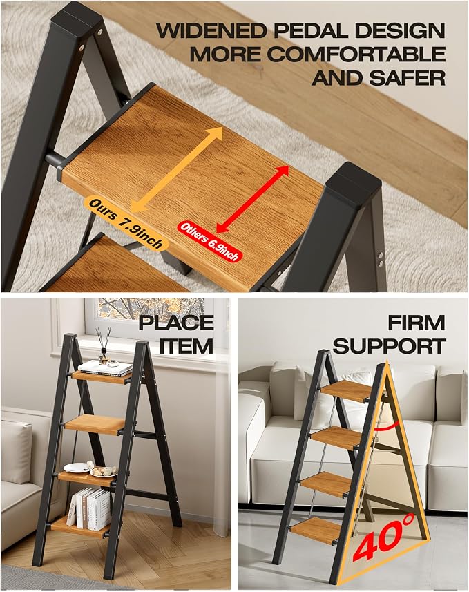 Taranta 4 Step Stool Foldable,Aluminum Step Ladder-BlackWoodgrain | Lightweight,Wide Anti-Slip Pedals,Folding Step Stool,330lbs Capacity Stepladder for Household,Kitchen,Office