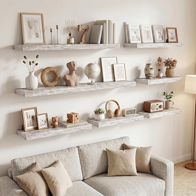 9.25in Depth 48in Floating Shelves, 48x9.25x1.4, Vintage White, Set of 2 | Long Wall Mounted Engineered Wood Shelves with Invisible Brackets for Living Room, Bedroom, Bathroom, Kitchen