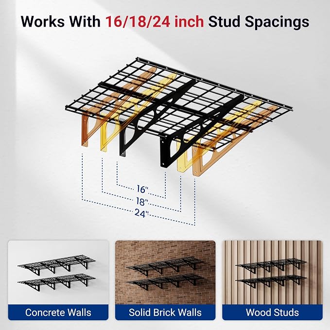 FLEXIMOUNTS 2-Pack 2x6ft Garage Shelving 24-inch-by-72-inch Heavy Duty Wall Mounted Shelves Garage Storage Rack Floating Shelves, 1400lbs Load Capacity, Black, Classic Series
