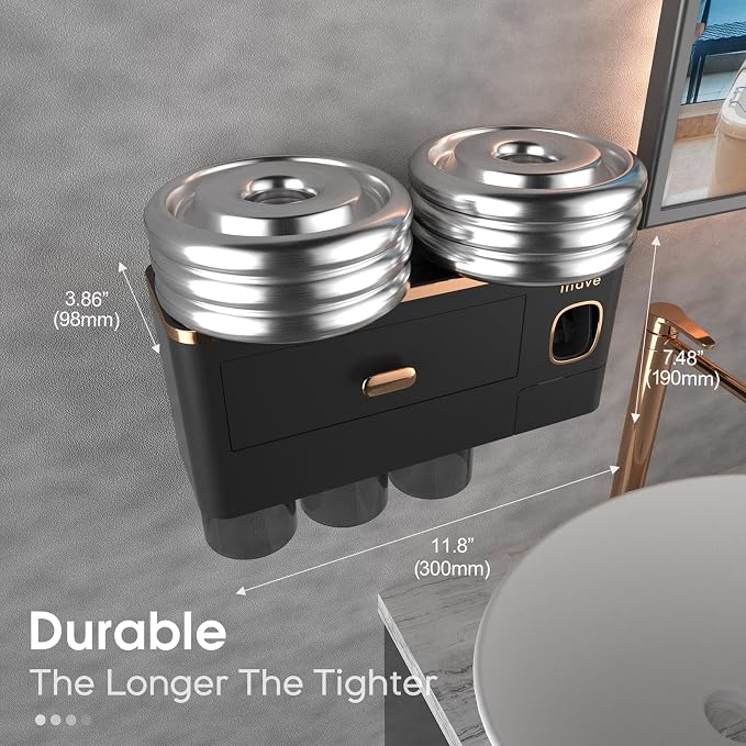 iHave Toothbrush Holders Bathrooms Wall Mount Toothpaste Dispenser & 3 Cups | Luxury White & Gold Bathroom Decor:3 Cups, 6 Slots, Toothpaste Dispenser, Large Tray & Drawer Wall Mount Toothbrush Organizer