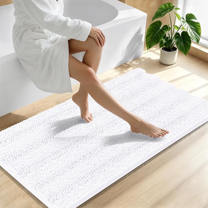 Smiry Thick Chenille Bathroom Runner Rugs 59x20, Absorbent Bath Mat, White | Quick‑Dry & Machine Washable, Non‑Slip Bath Carpet, Soft Striped Bath Rugs for Tub & Shower, Modern Home Decor Accessories