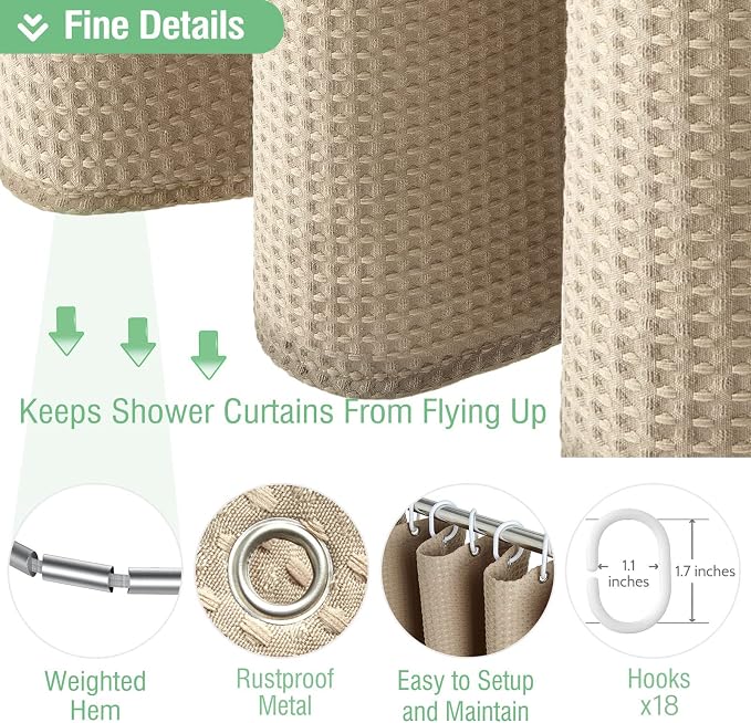 Extra Wide Waffle Shower Curtain 256 GSM Fabric 108x72 Beige/Khaki | 108 Inch Wide, Thick Polyester Cloth, Weighted Hem, Water Repellent, Washable, Hotel Shower Curtain Set for Bathroom 18 Hooks